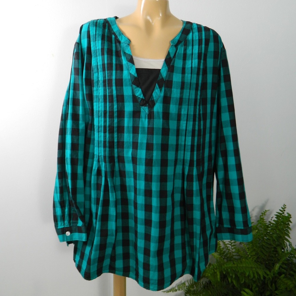 Woman Within Tunic Women 3X Teal Black Buffalo Plaid Pintuck Cotton V-Neck Top
